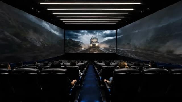 Create a highly photorealistic empty cinema auditorium very closely inspired by 