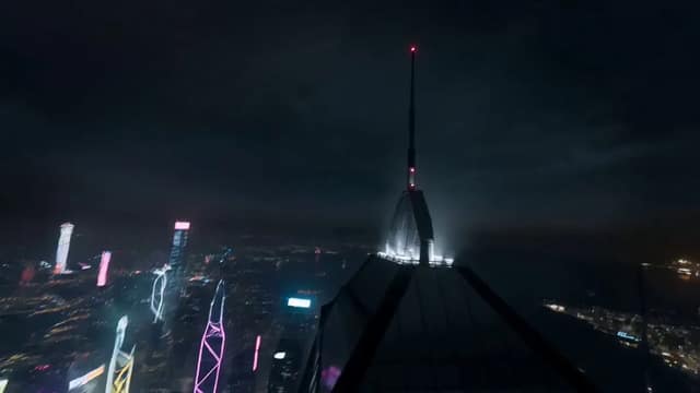 Cinematic 15-second continuous shot , POV camera falling from the top of a futur